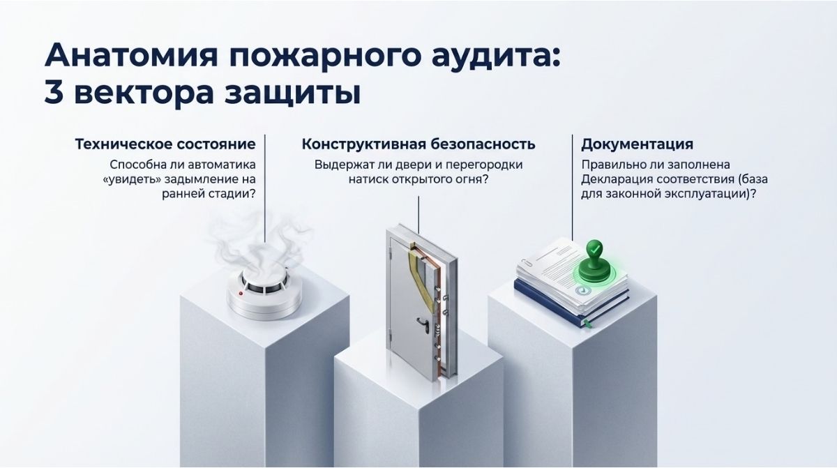 Инфографика «Анатомия пожарного аудита» с тремя разделами: техническое состояние (датчик дыма), конструктивная безопасность (противопожарная дверь в разрезе) и документация (стопка бумаг с зеленой печатью соответствия).