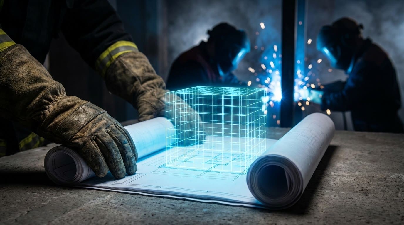 Инженер работает с чертежами и 3D-проектом системы пожарной безопасности объект