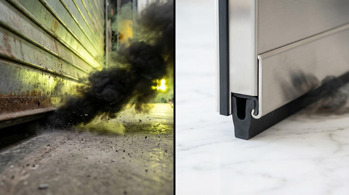 Демонстрація роботи автоматичного висувного порога для блокування проходження диму під дверним полотном