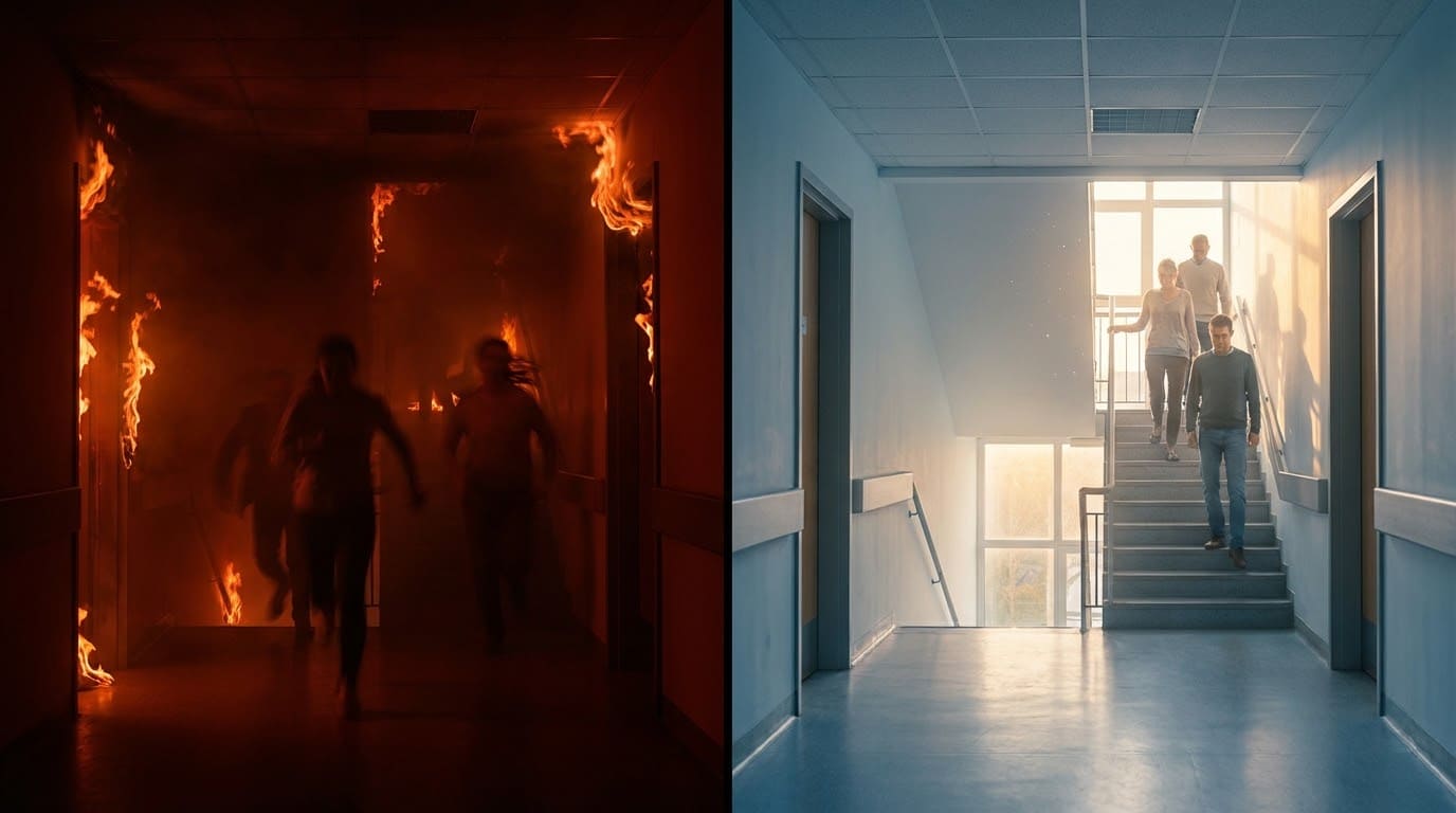Коллаж: слева люди в панике бегут через темный коридор с огнем, справа — спокойная эвакуация людей по светлой и безопасной лестничной клетке офисного здания