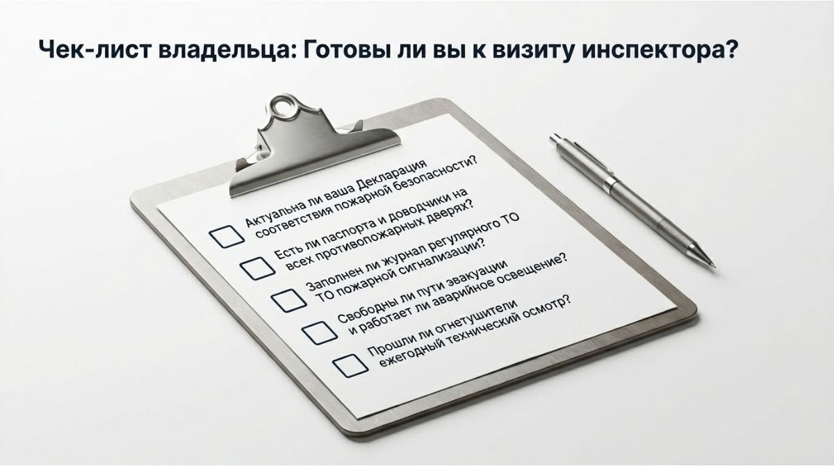 Изображение планшета с «Чек-листом владельца» для подготовки к пожарному инспектору. В списке: актуальность декларации, паспорта дверей, журнал ТО сигнализации, пути эвакуации и огнетушители.
