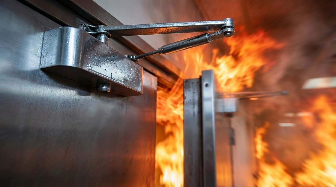 Робота дверного дотягувача на протипожежних дверях в умовах відкритого вогню