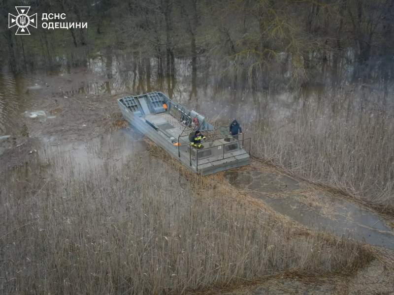 Спасатели ГСЧС Одесской области на плавающем транспортере ПТС пробираются через камыши в пойме реки во время паводка.