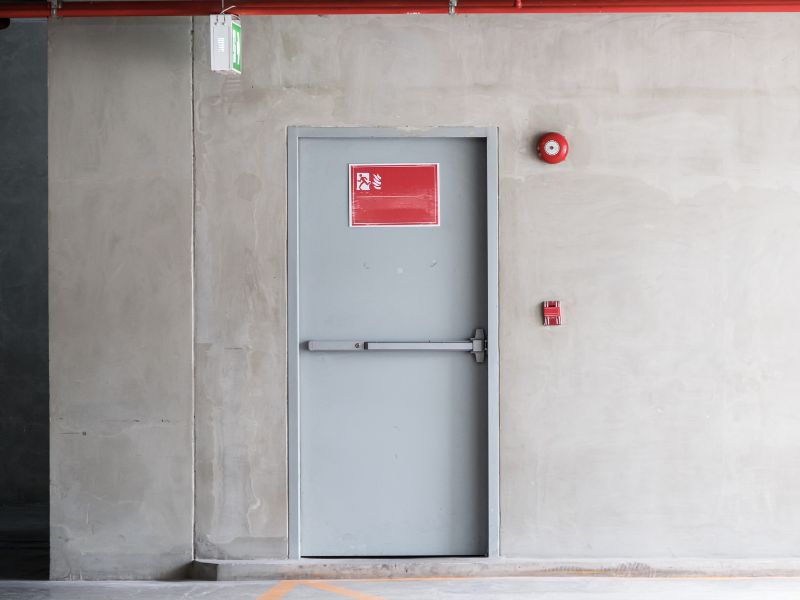 На фоні сірої стіни знаходиться сірі вогнетривкі двері. На дверях знак евакуації червоного кольору. Над дверима також знак евакуації із підсвіткою зеленого кольору.