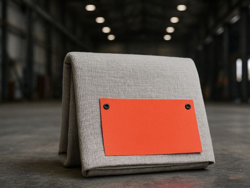 На фоні складу сірого кольору протипожежне покривало із помаранчевим папірцем