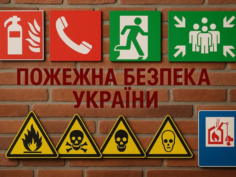 На фоні мура знаходяться різні протипожежні знаки і червоними літерами написано ПОЖЕЖНА БЕЗПЕКА УКРАЇНИ