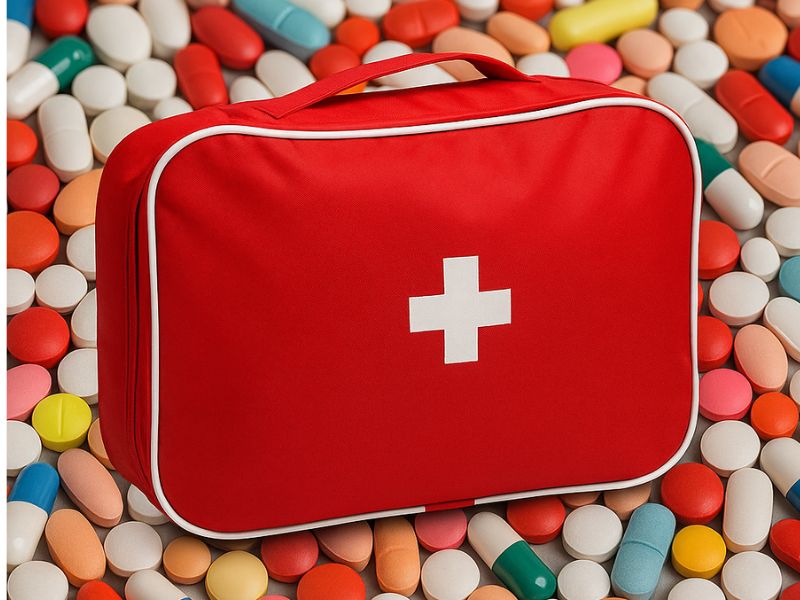 На фоні таблеток і пілюль знаходиться червоний кейс із білим крестом по центру.