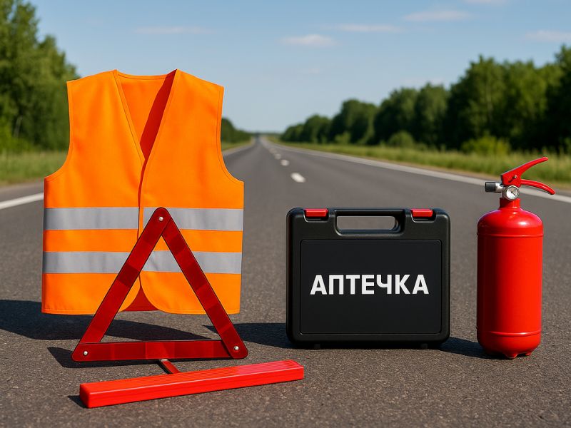 На фон дороги знаходиться знак аварії, вогнегасник, помаранчевий жилет ілюмінісцентний та аптечка автомобільна.