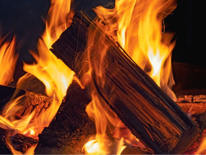 На зображенні вміст палаючого каміну, видно язики вогню та дрова