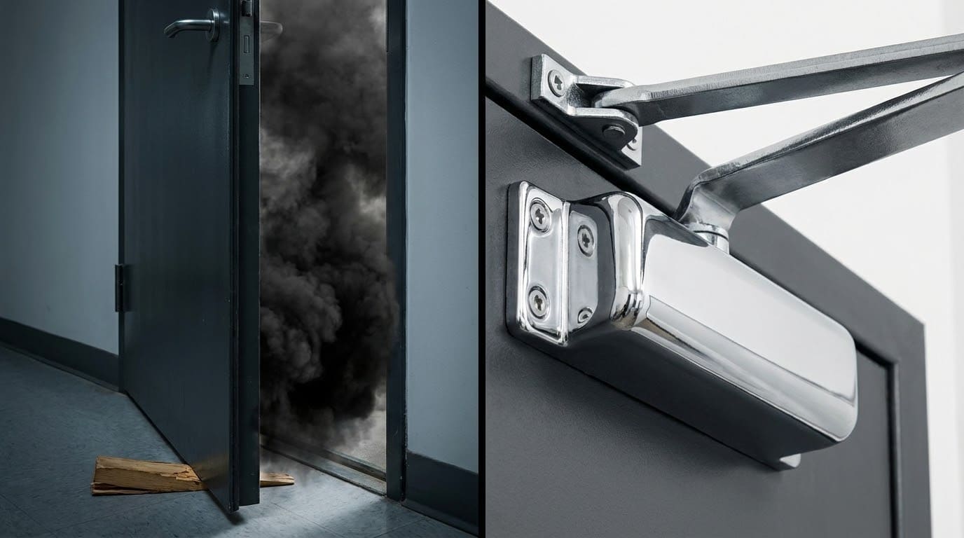 Порівняння: небезпечне блокування дверей дерев'яним клином та правильне встановлення сертифікованого дверного зачинювача