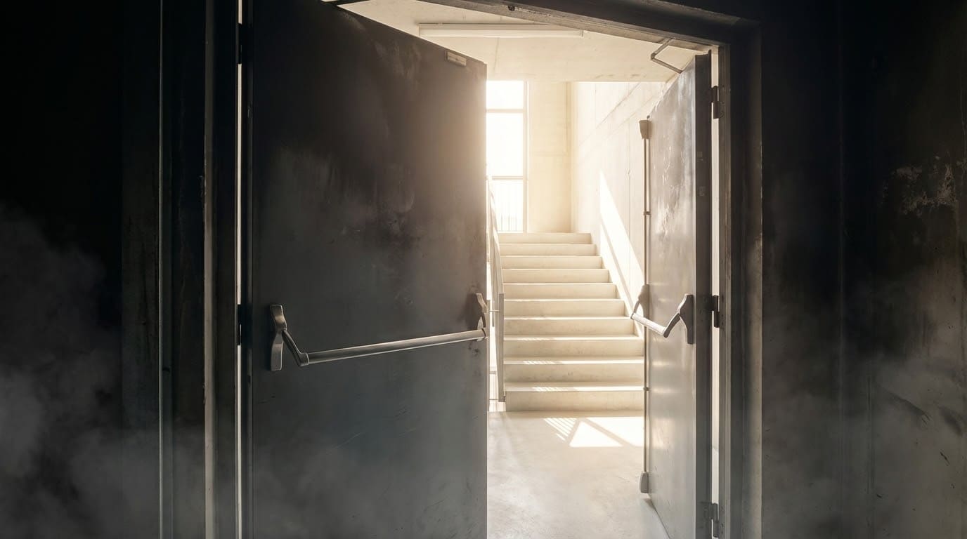 Відкриті двостулкові протипожежні двері сірого кольору з горизонтальними ручками антипаніка, що ведуть на світлу евакуаційну сходову клітку