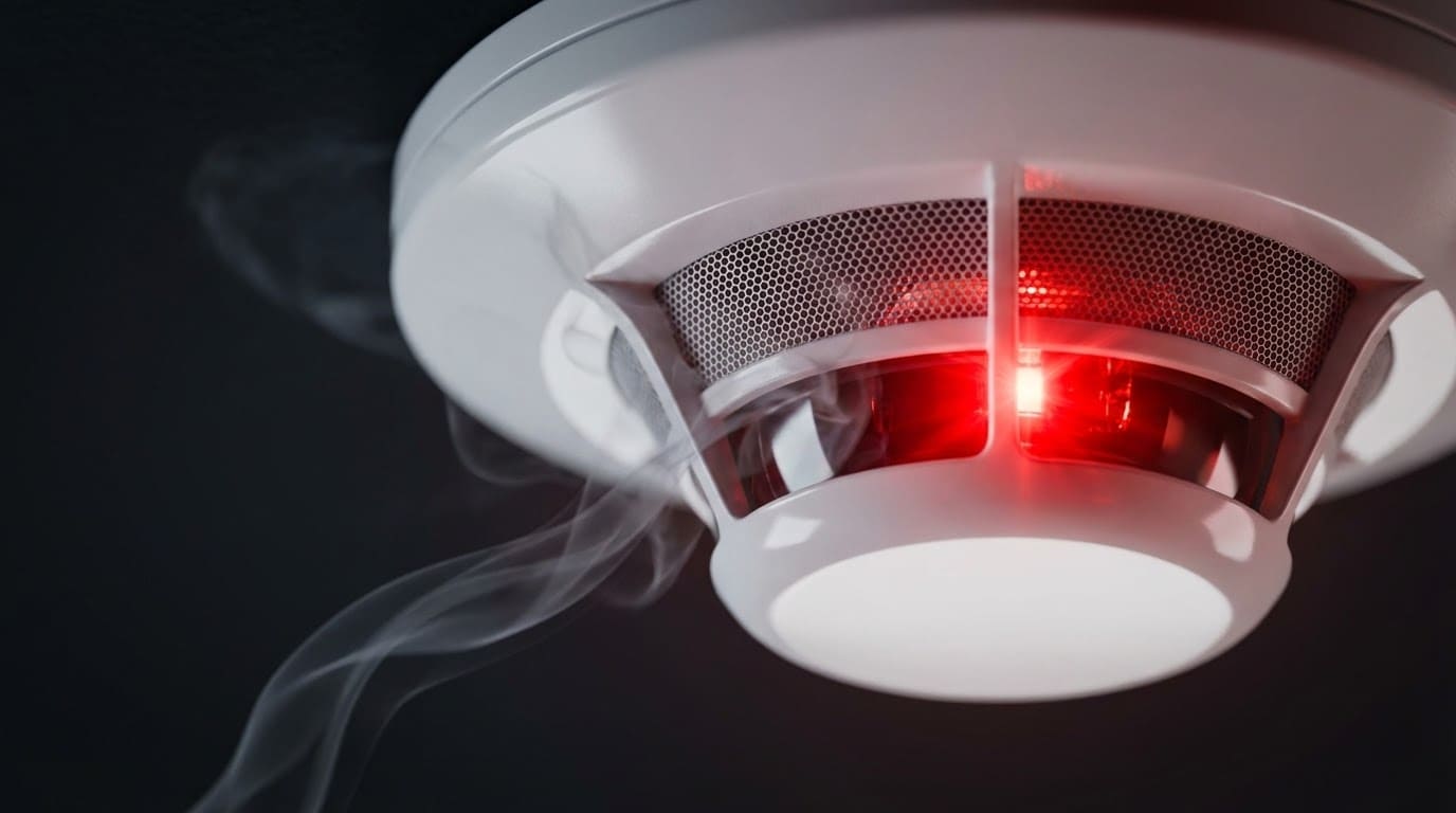 Адресний димовий пожежний сповіщувач у момент спрацювання системи сигналізації