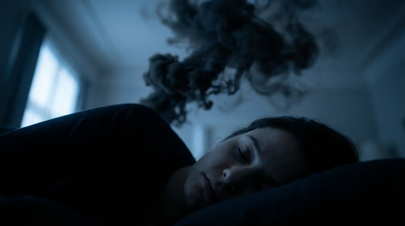 Опасность задымления во время сна: спящая девушка и токсичный дым в комнате.