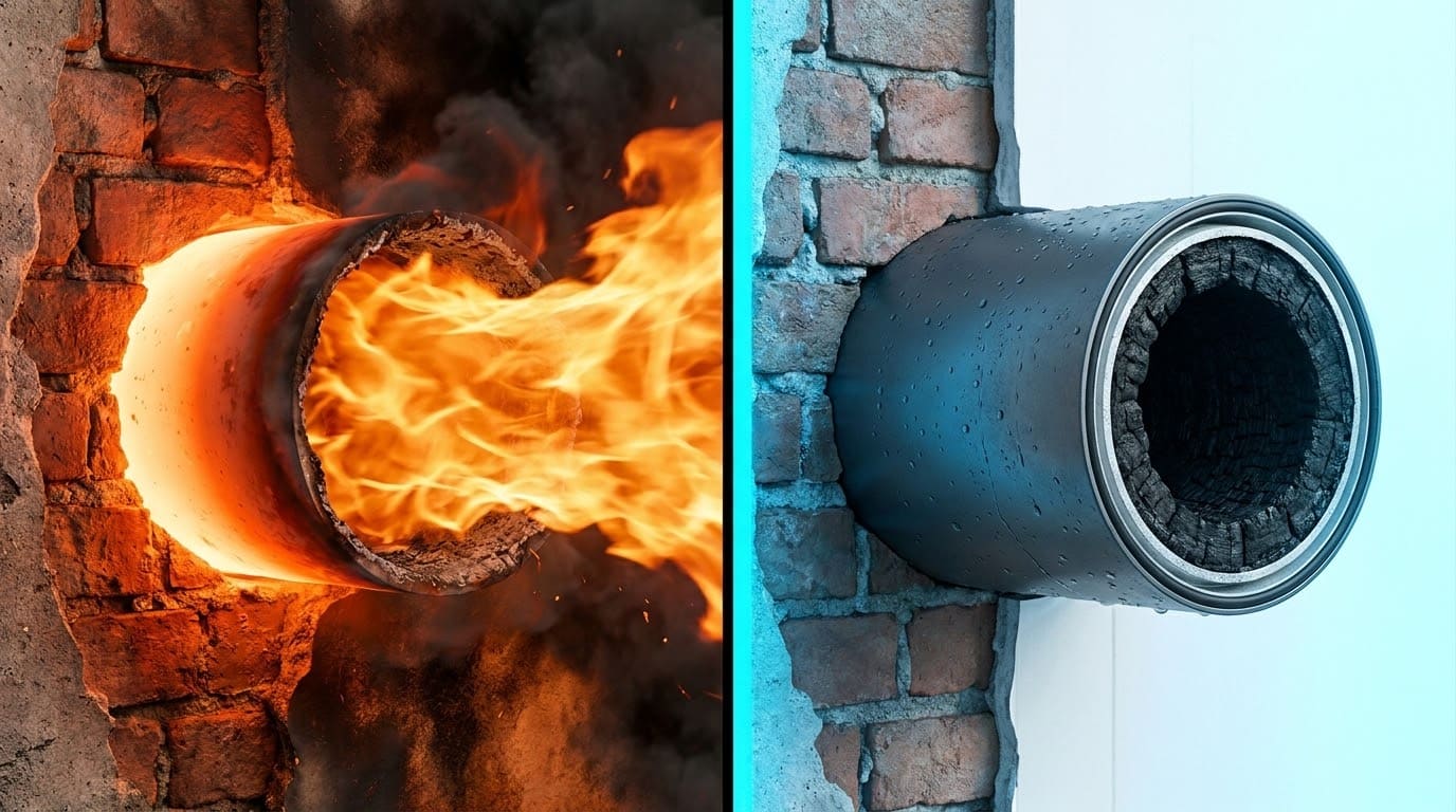 Порівняння проходу полум'я крізь незахищену трубу та трубу з встановленою протипожежною муфтою