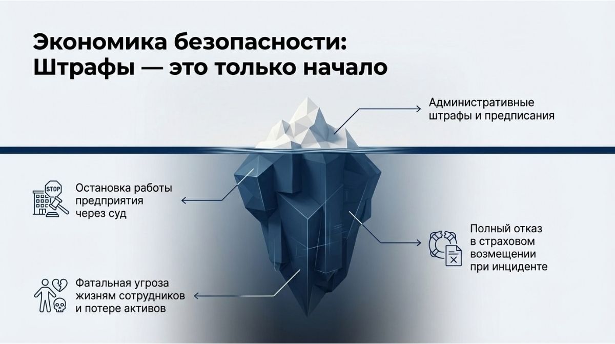 Инфографика «Экономика безопасности» в виде айсберга: над водой — административные штрафы и предписания, под водой — остановка работы предприятия через суд, отказ в страховом возмещении и фатальная угроза жизням сотрудников и активам.