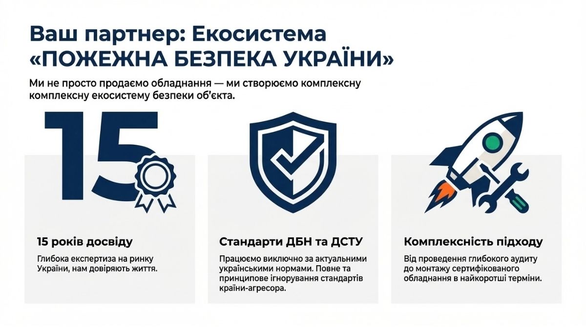 Інфографіка про екосистему «Пожежна безпека України». Наголошено на 15 роках досвіду, використанні актуальних норм ДБН та ДСТУ, а також комплексному підході: від проведення аудиту до швидкого монтажу сертифікованого обладнання.