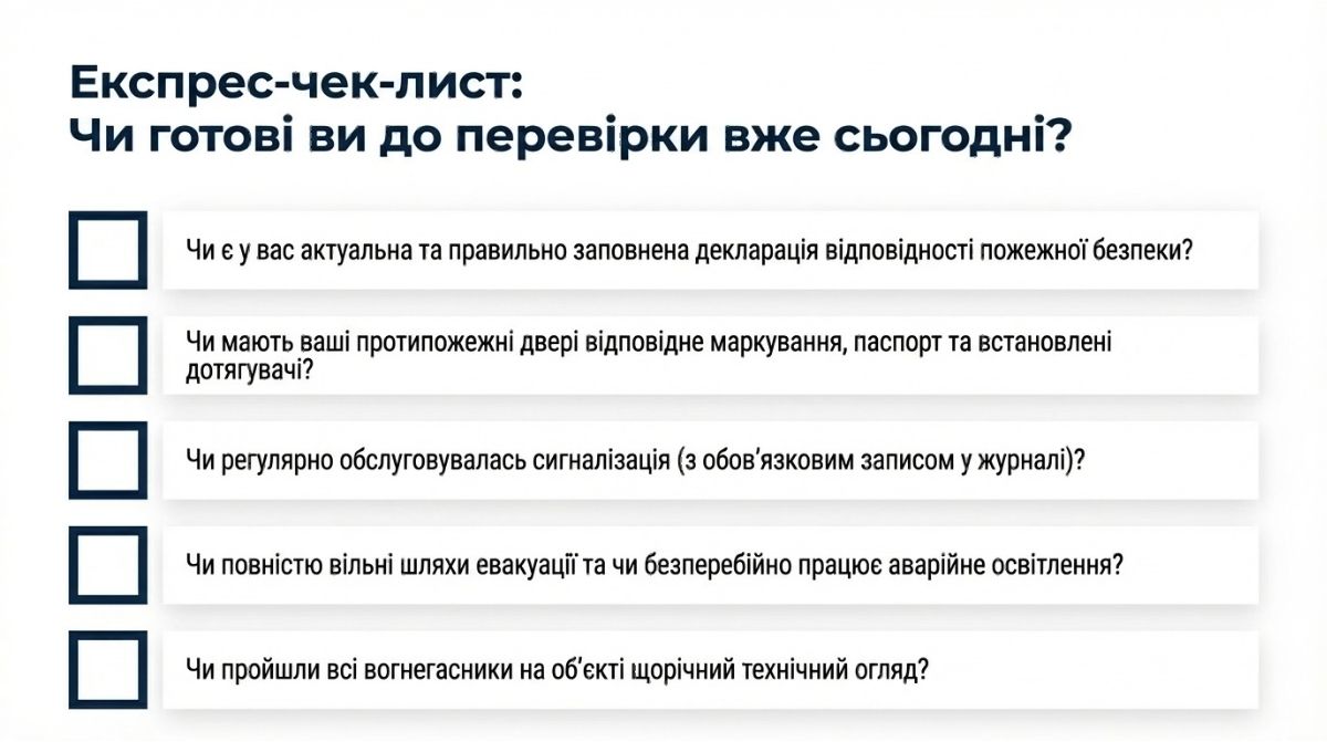 Експрес-чек-лист для перевірки пожежної безпеки, що містить 5 пунктів: наявність декларації відповідності, стан протипожежних дверей з дотягувачами, записи про обслуговування сигналізації, вільні шляхи евакуації та технагляд за вогнегасниками.