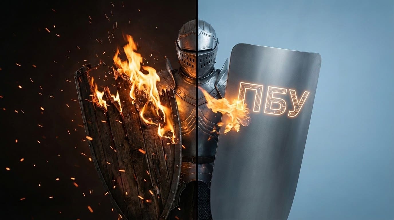 Коллаж с рыцарем, где горящий деревянный щит противопоставляется современному стальному противопожарному экрану с надписью ПБУ, иллюстрация эффективности огнестойких дверей