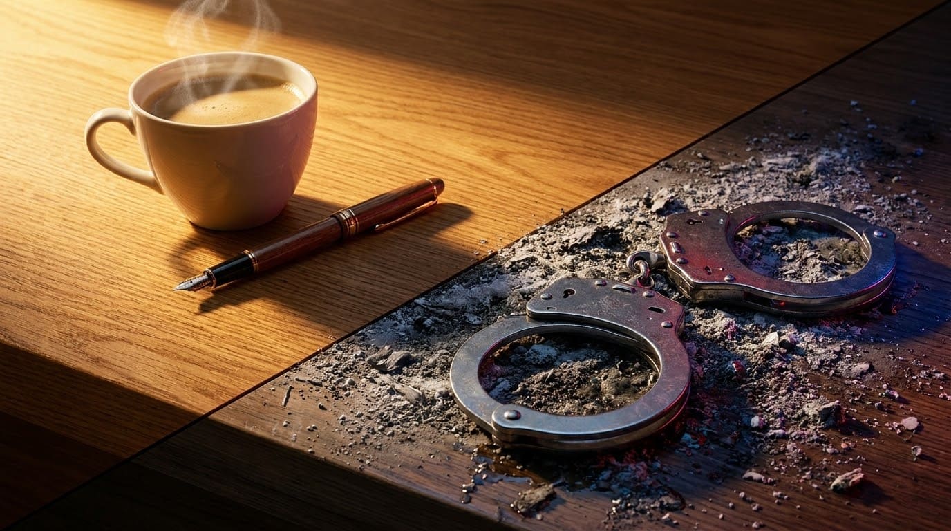 Кайданки на згарищі як символ юридичної відповідальності за порушення пожежної безпеки.