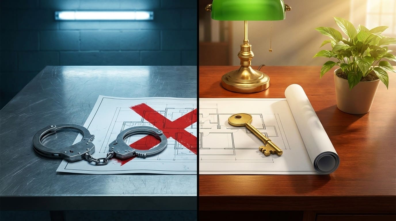 Символічне зображення юридичної відповідальності: кайданки на плані евакуації як наслідок порушення норм пожежної безпеки.