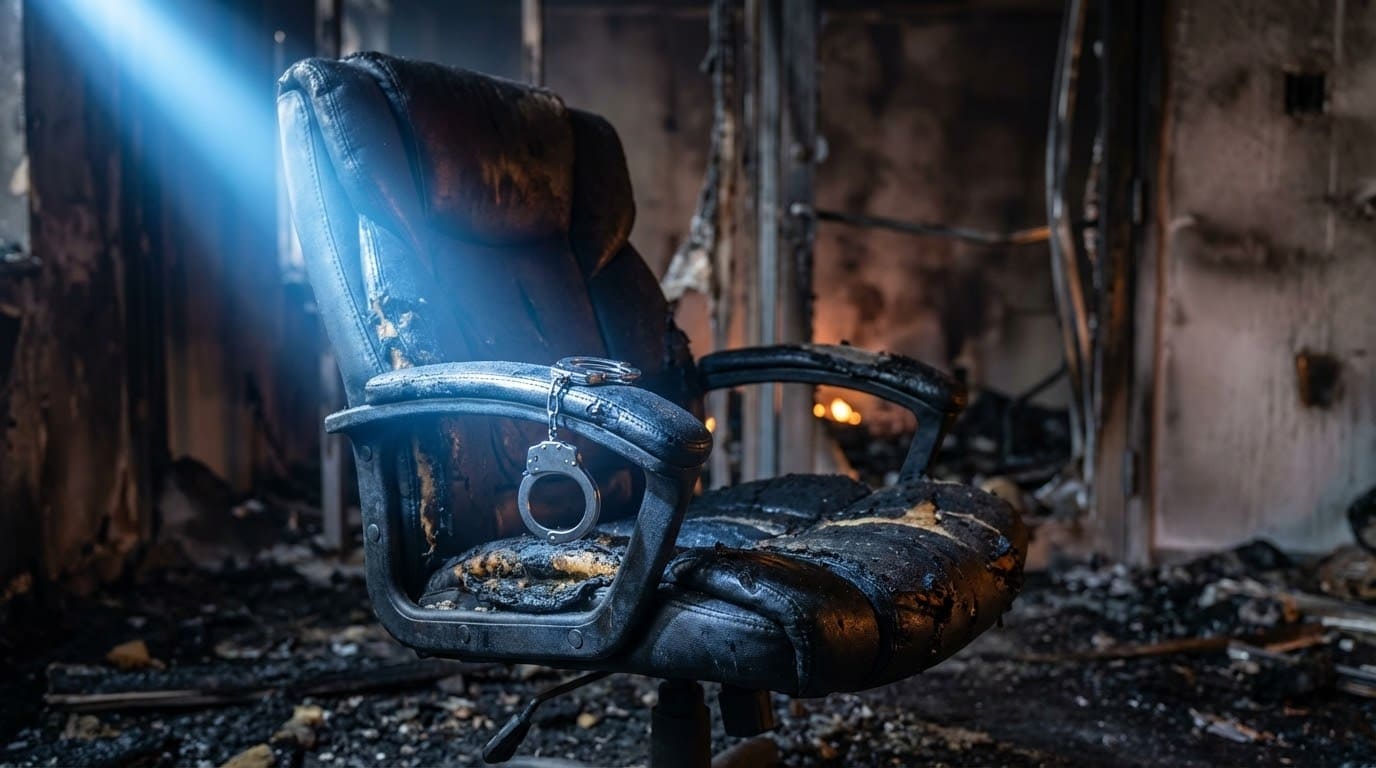 Кайдани на фоні наслідків пожежі як символ кримінальної відповідальності керівника