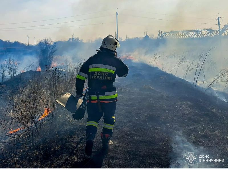 Ліквідація пожежі сухої трави співробітниками ДСНС на відкритій території.