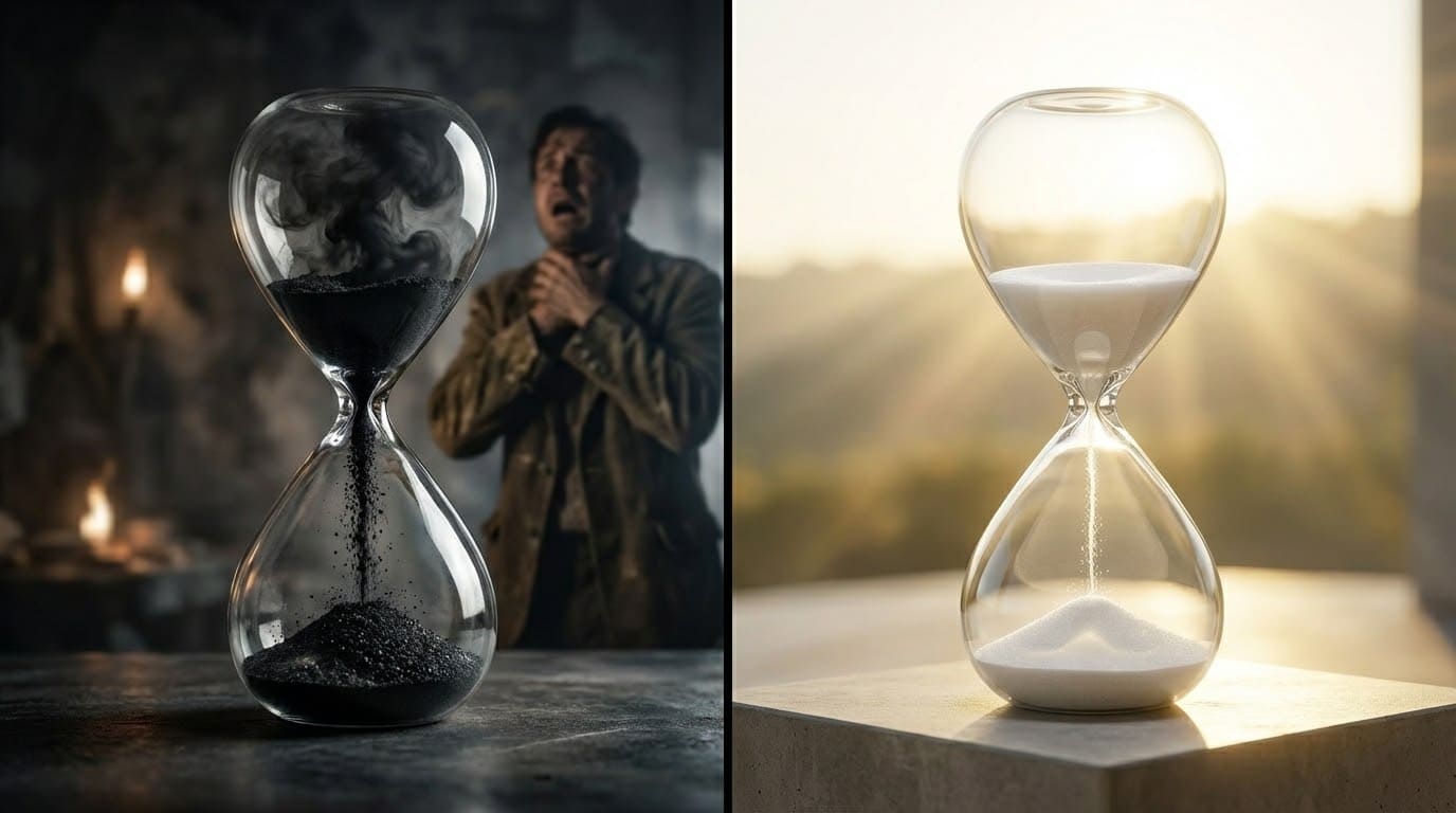 Драматична ілюстрація небезпеки диму: людина задихається всередині пісочного годинника, що символізує обмежений час на евакуацію