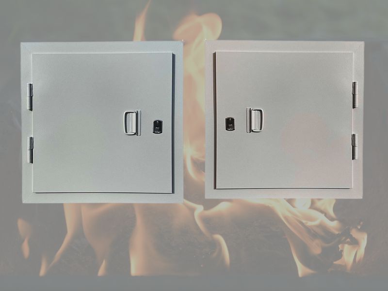 На сірому фоні два протипожежних люка один темнішого кольору, а інший світліший