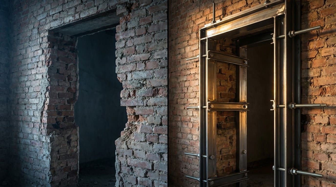 Сталевий силовий каркас для підсилення дверного прорізу в старому цегляному фонді