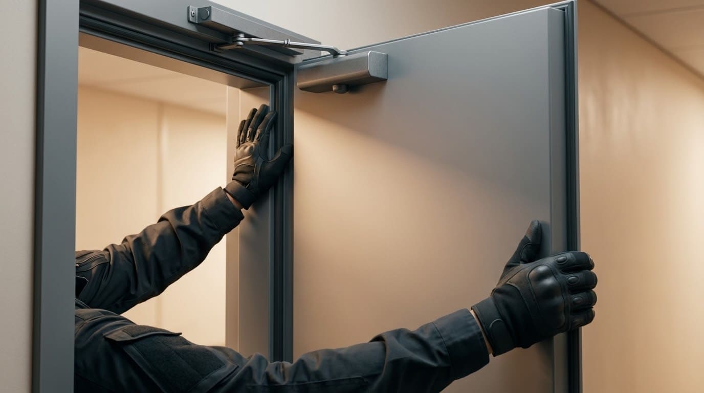 Процесс установки и регулировки дверного доводчика на противопожарную металлическую дверь