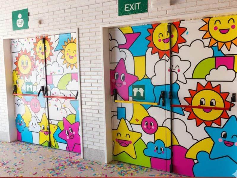 На фоні білої стіни із кирпичу протипожежні двері із системою антипаніка, які розмальовані різними кольорами