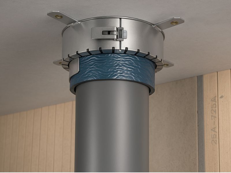 На фоні кута кімнати знаходиться ПВХ труба, що проходить через стелю і в місці де вона торкається стела установлена протипожежна манжета.