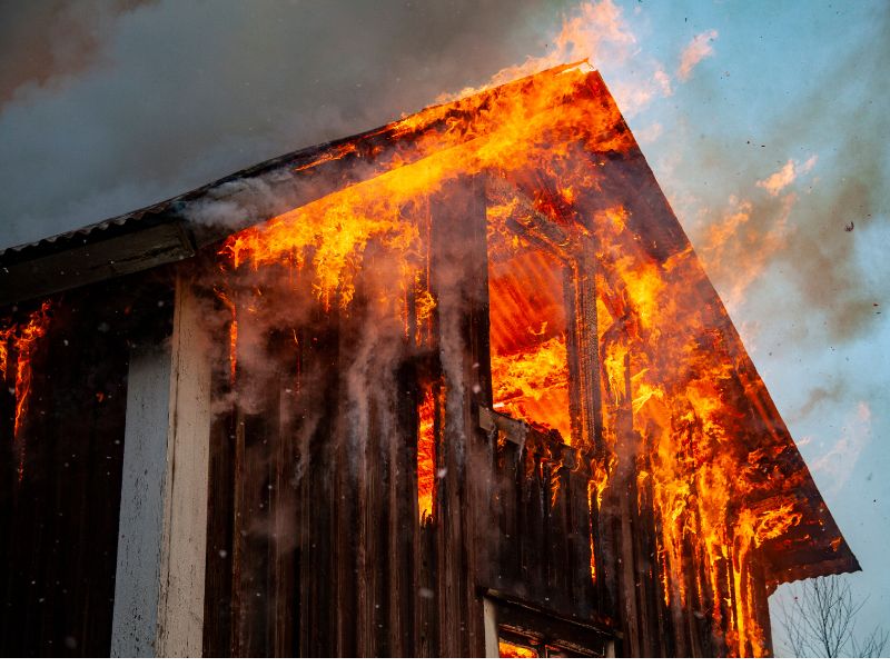 У сутінках дерев'янний дом, що оповитий помаранчевими язиками вогню