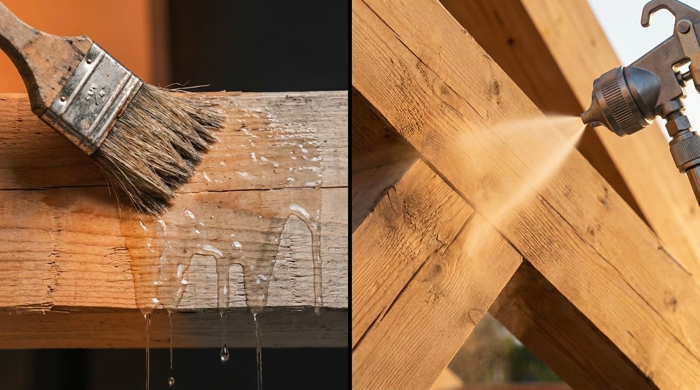 Сравнение способов нанесения огнезащиты на дерево: малярная кисть против профессионального безвоздушного распылителя