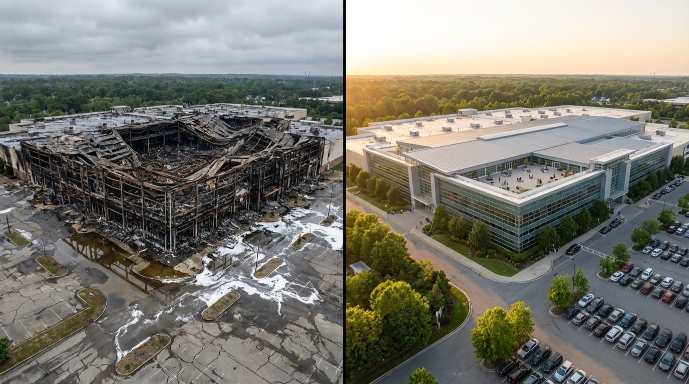 Коллаж из двух частей: слева полностью сгоревшее коммерческое здание, справа — современный бизнес-центр в идеальном состоянии, визуализация рисков отсутствия пожарной защиты