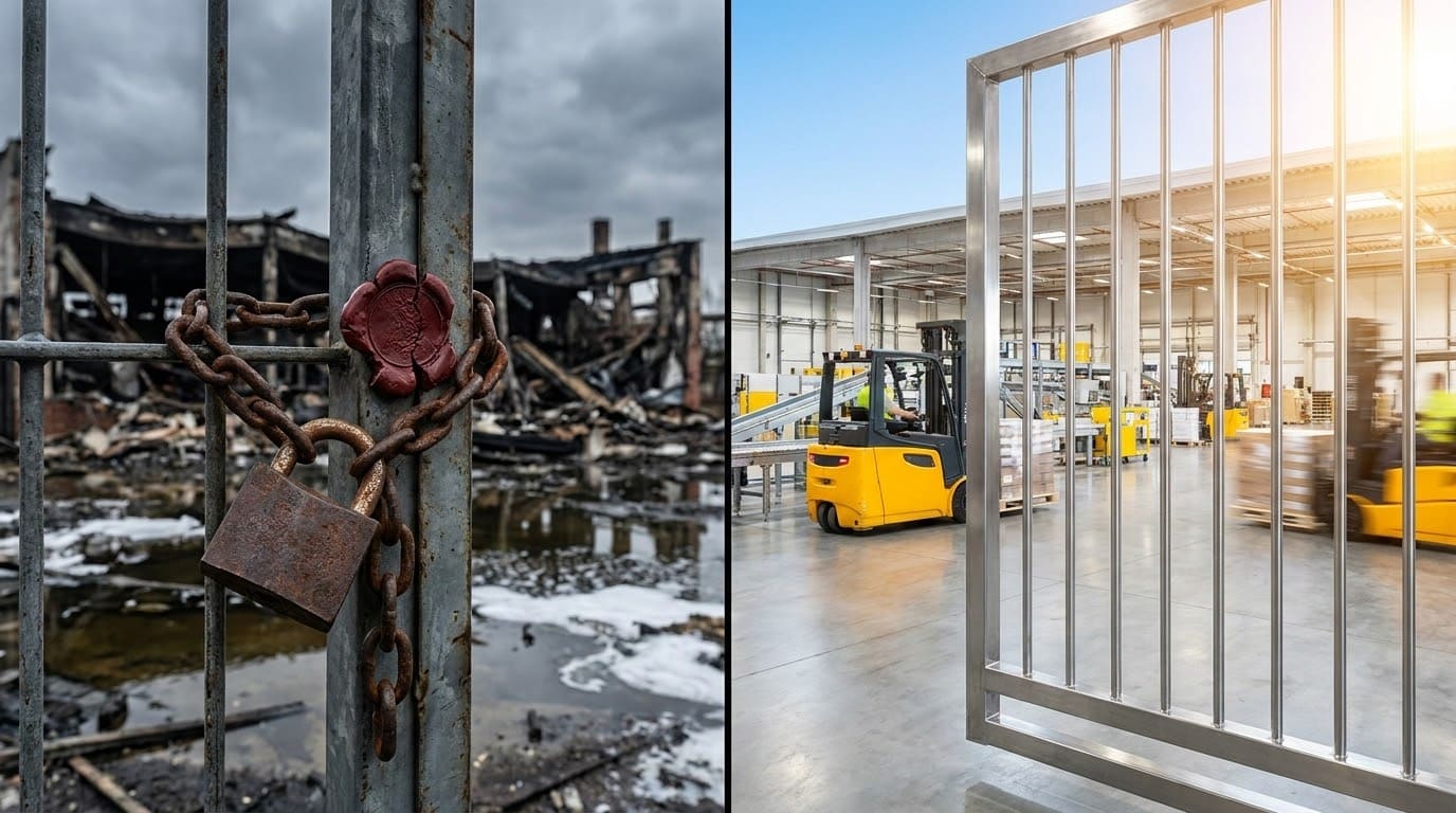 Зачинене після пожежі підприємство та безпечно працюючий склад зі справними воротами.