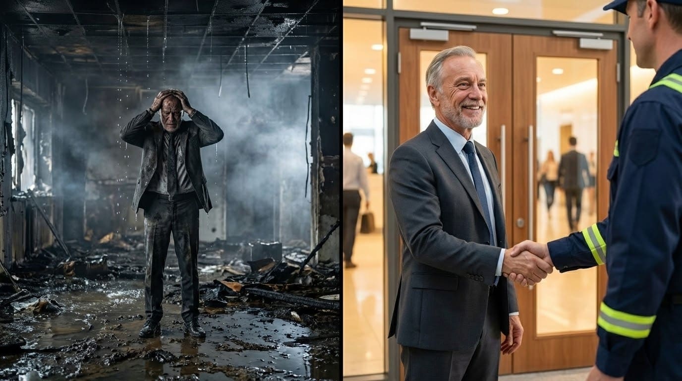 Коллаж: слева бизнесмен в сгоревшем офисе держится за голову, справа — тот же мужчина улыбается и жмет руку инспектору ГСЧС возле новых противопожарных дверей