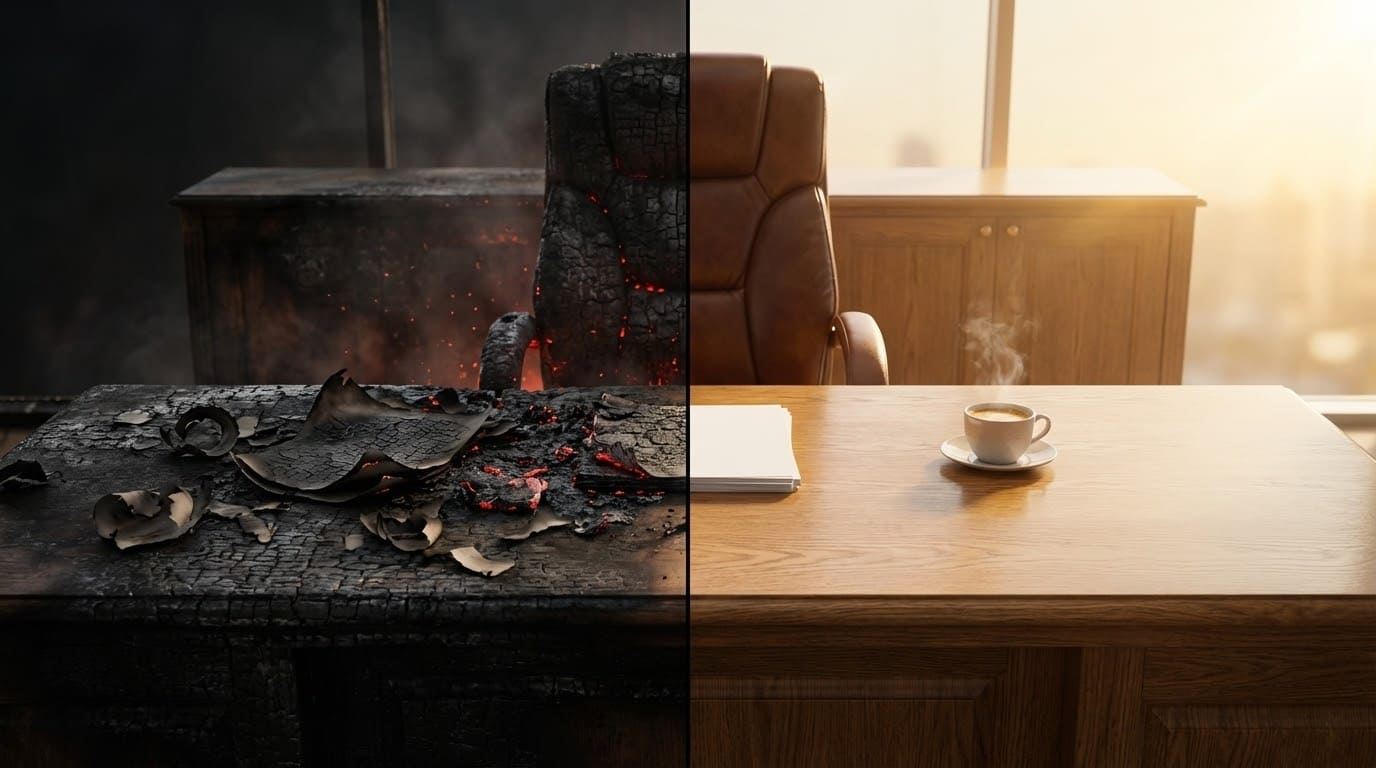 Контрастне порівняння офісного приміщення до та після пожежі за відсутності ефективної системи захисту