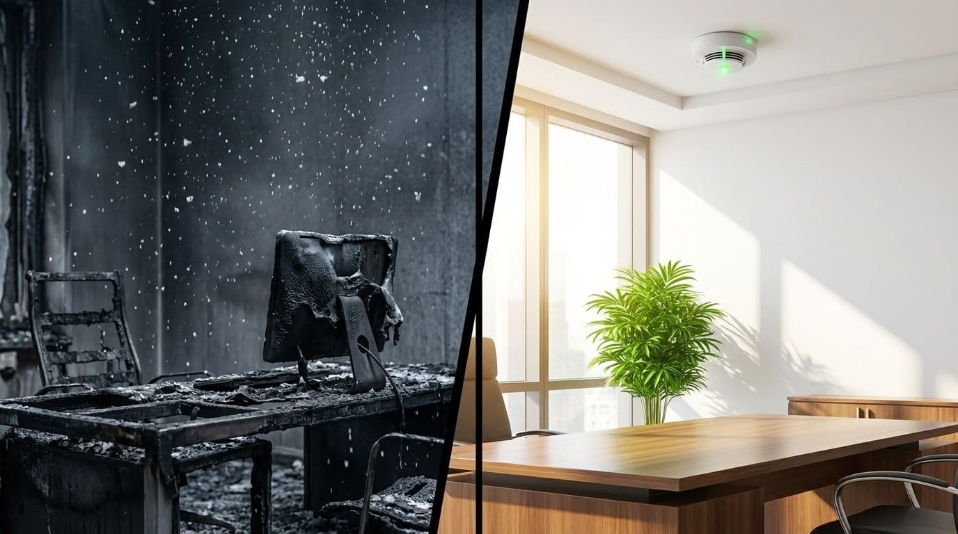 Последствия пожара в офисе и установленный дымовой извещатель для предотвращения ущерба