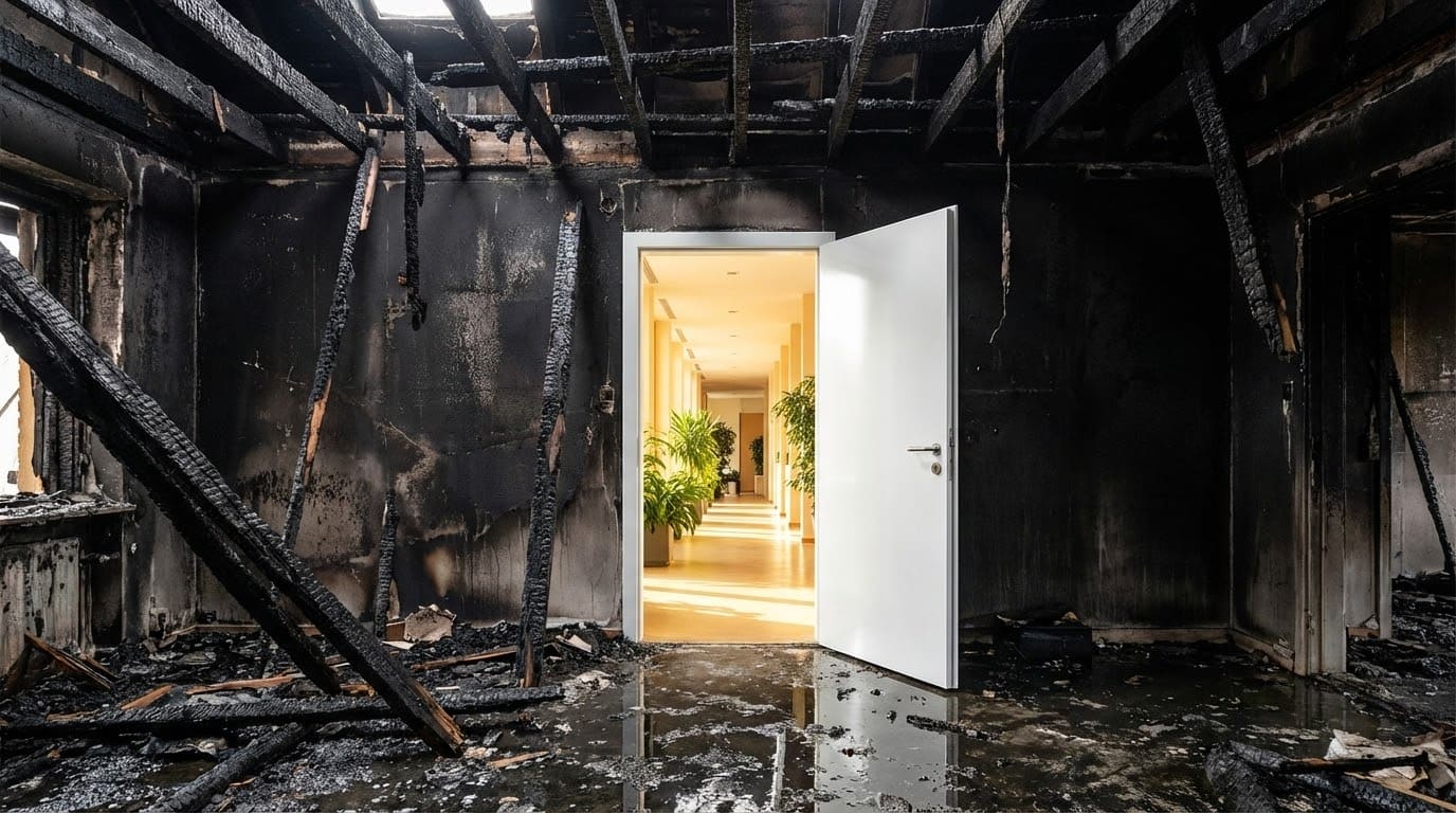 Вид через открытую дверь из полностью сгоревшего помещения в освещенный безопасный коридор с растениями, не пострадавший от огня