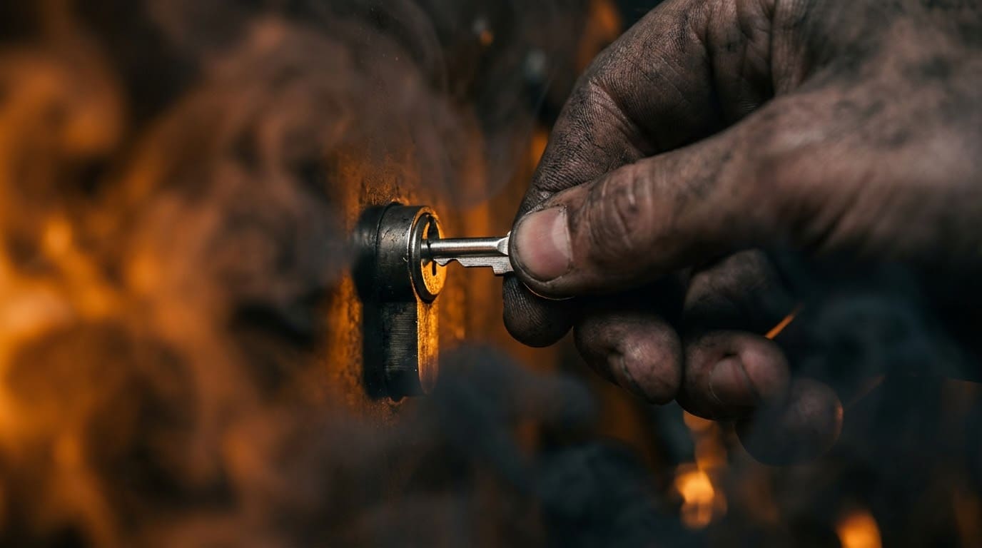 Крупний план руки в сажі, яка намагається вставити ключ у замок у густому диму під час пожежі