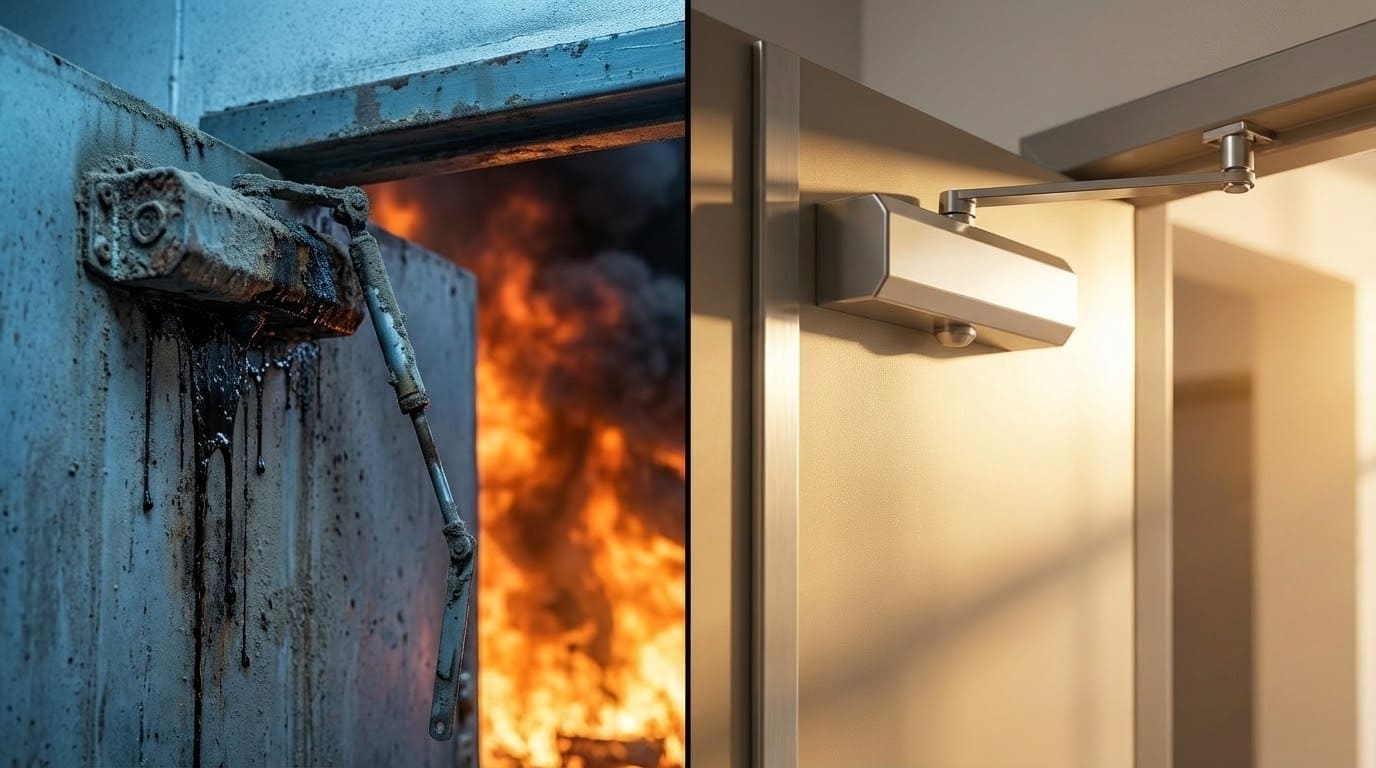 Порівняння несправного дотягувача у вогні та нового сертифікованого пристрою для зачинення дверей