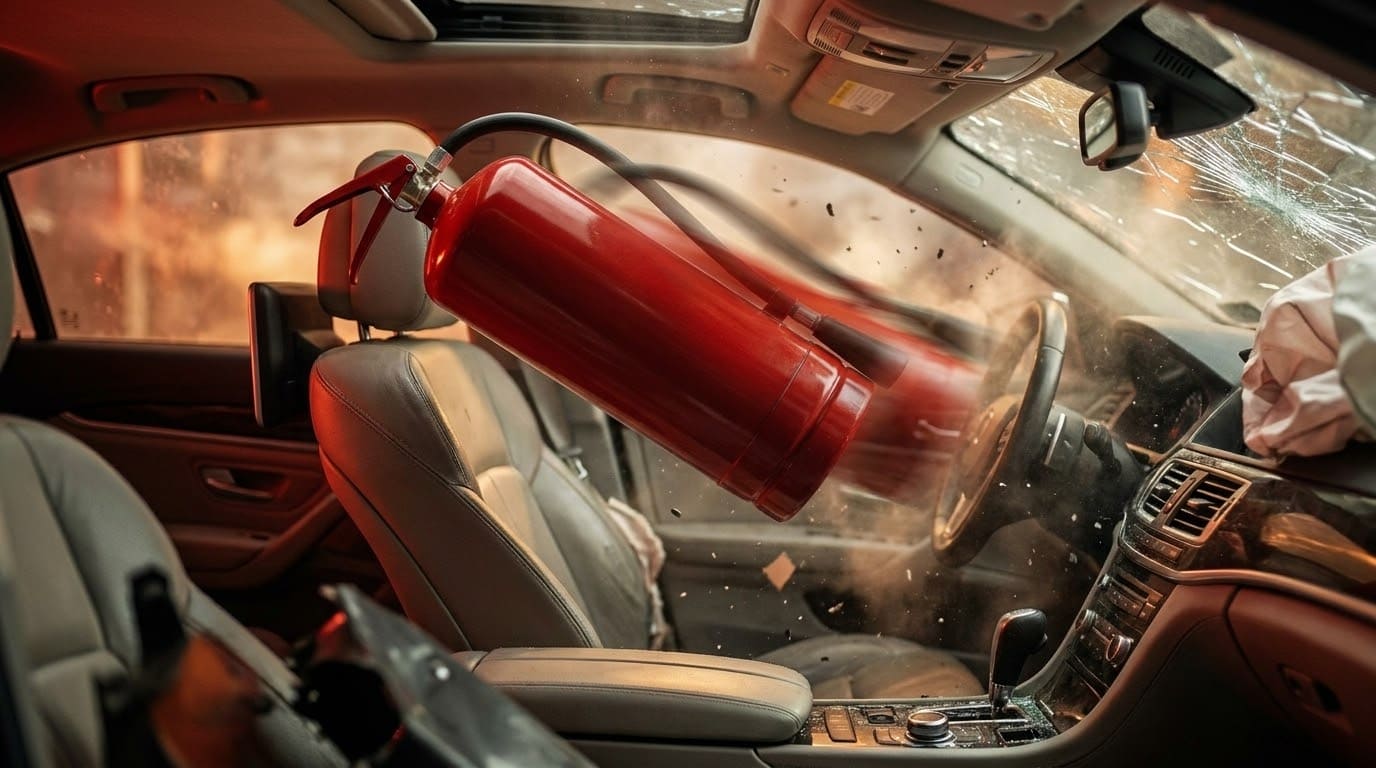 Незакріплений автомобільний вогнегасник літає по салону машини та розбиває скло під час ДТП