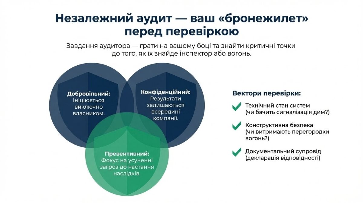 Инфографика о независимом аудите пожарной безопасности. Описаны преимущества: добровольность, конфиденциальность и превентивный подход. Указаны направления проверки: техническое состояние сигнализации, огнестойкость перегородок и наличие деклараций соответствия. Визуально оформлено в виде щитов и галочек в сине-зеленых тонах.