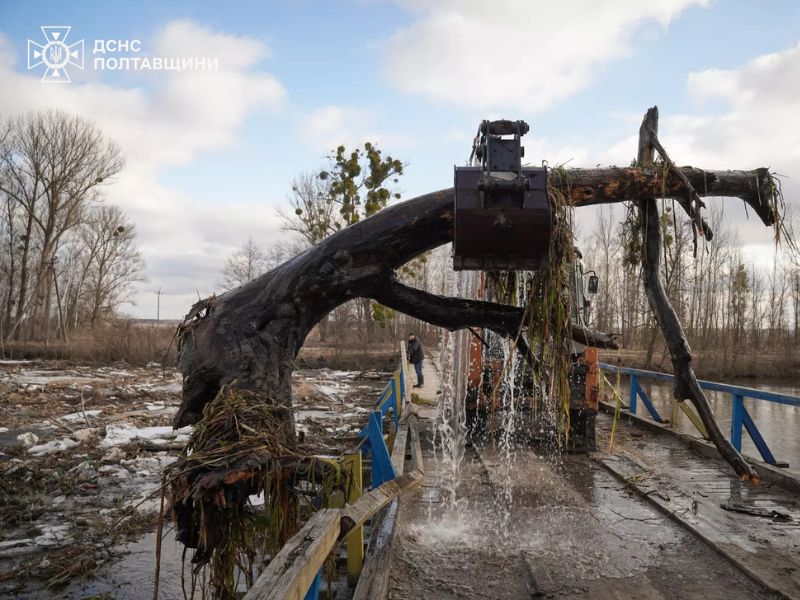 Спецтехника ГСЧС Полтавской области с помощью экскаватора поднимает из воды крупное дерево для расчистки реки от заторов.