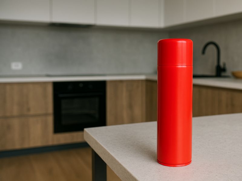 На фоні кухні сучасної в біло-сірих тонах червоний яскравий аерозоль стоїть на сірому столі.