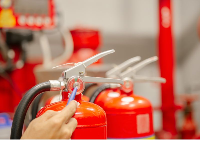 На фоні підприємства знаходиться вогнегасник червоного кольору із манометром, і чоловіча рука із ручкою вказує на манометр, що знаходиться в зеленій зоні