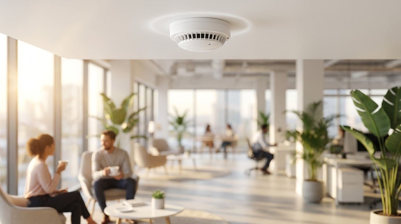 Оптико-електронний димовий сповіщувач на стелі сучасного офісу в робочому стані.