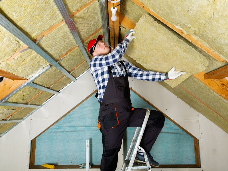 Чоловік стоїть на стремянці і в руках тримає рулон із базальтовим матеріалом. Він стоїть під дахом.