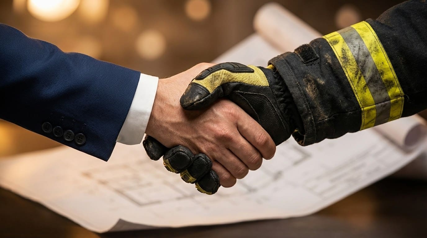 Рукостискання підприємця та експерта з пожежної безпеки на фоні проєкту системи захисту